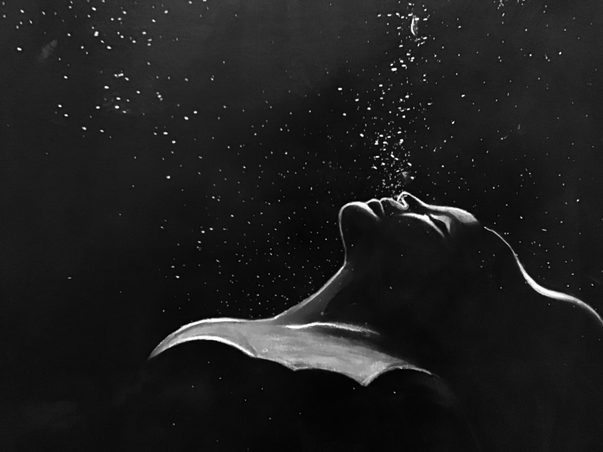 Peinture en noir et blanc représentant un corps vu en contre-plongée, la tête renversée vers le ciel, laissant s’échapper des bulles lumineuses dans l’obscurité. tableau de l'artiste Solène Goget